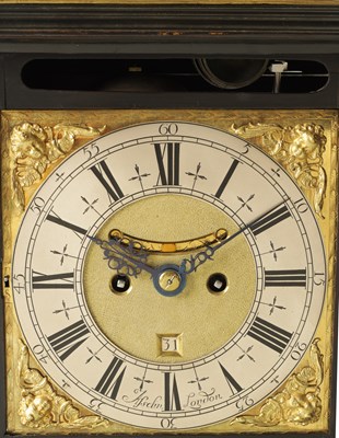 Lot 93 - STEPHEN ASSELIN, LONDON. A QUEEN ANNE ORMOLU MOUNTED EBONY VENEERED QUARTER REPEATING TABLE CLOCK