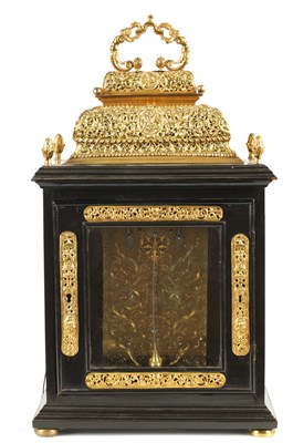 Lot 93 - STEPHEN ASSELIN, LONDON. A QUEEN ANNE ORMOLU MOUNTED EBONY VENEERED QUARTER REPEATING TABLE CLOCK