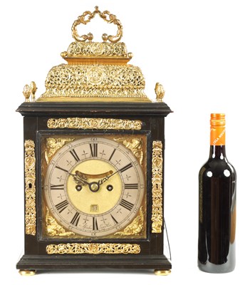 Lot 93 - STEPHEN ASSELIN, LONDON. A QUEEN ANNE ORMOLU MOUNTED EBONY VENEERED QUARTER REPEATING TABLE CLOCK