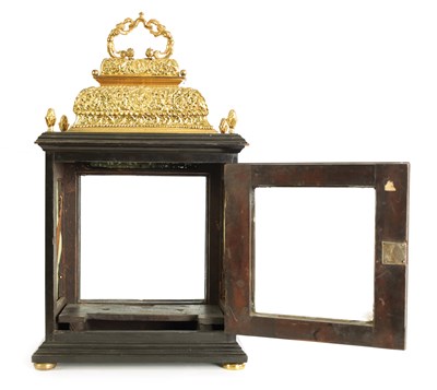 Lot 93 - STEPHEN ASSELIN, LONDON. A QUEEN ANNE ORMOLU MOUNTED EBONY VENEERED QUARTER REPEATING TABLE CLOCK