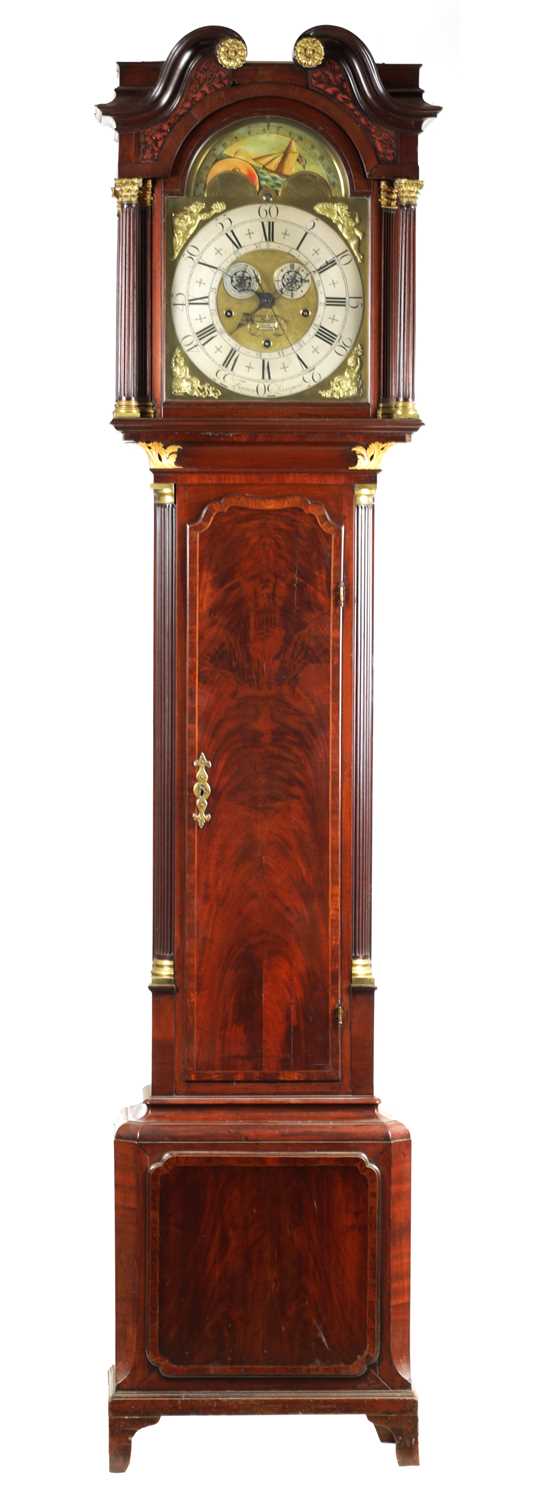 Lot 53 - FINNEY, LIVERPOOL. A GEORGE II FIGURED MAHOGANY MUSICAL LONGCASE CLOCK
