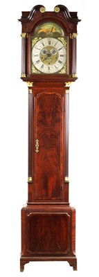 Lot 53 - FINNEY, LIVERPOOL. A GEORGE II FIGURED MAHOGANY MUSICAL LONGCASE CLOCK