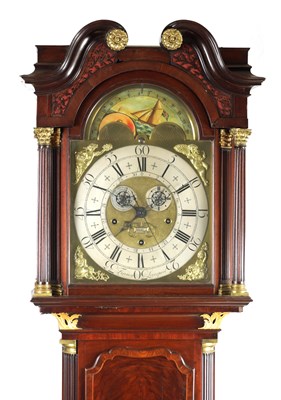 Lot 53 - FINNEY, LIVERPOOL. A GEORGE II FIGURED MAHOGANY MUSICAL LONGCASE CLOCK