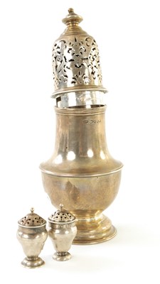 Lot 572 - A LATE 19TH CENTURY SILVER SUGAR CASTER TOGETHER WITH A PAIR OF SILVER SALT AND PEPPER
