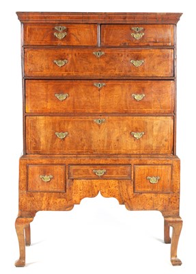 Lot 946 - AN EARLY 18TH CENTURY FIGURED WALNUT CHEST ON STAND