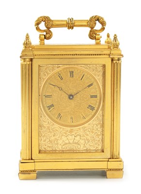 Lot 36 - A SMALL MID 19TH CENTURY ENGLISH FUSEE GILT BRASS CARRIAGE CLOCK