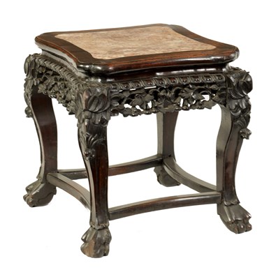 Lot 103 - A 19TH CENTURY CHINESE HARDWOOD AND MARBLE SHAPED JARDINIERE STAND