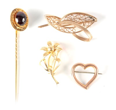 Lot 174 - A 14CT GOLD AND CABOCHON RED GEM PIN BROOCH together with THREE 9CT GOLD BROOCHES