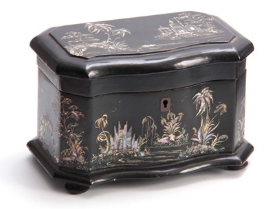 Lot 239 - A 19TH CENTURY EBONISED SERPENTINE SHAPED TEA CADDY DECORATED WITH MOTHER OF PEARL ORIENTAL SCENES