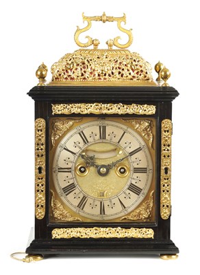 Lot 27 - BENJAMIN MERRIMAN LONDON.
A WILLIAM & MARY EBONY VENEERED GILT BRASS BASKET TOP EIGHT DAY TABLE CLOCK WITH PULL QUARTER REPEAT CIRCA 1690