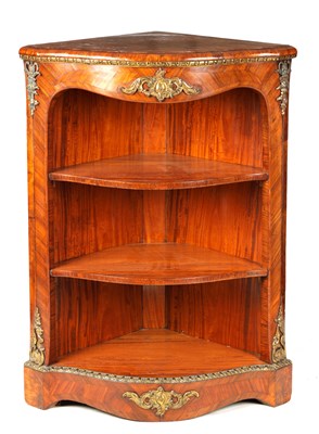 Lot 734 - A 19TH CENTURY FRENCH BURR WALNUT, KINGWOOD AND SATINWOOD CORNER DISPLAY CABINET