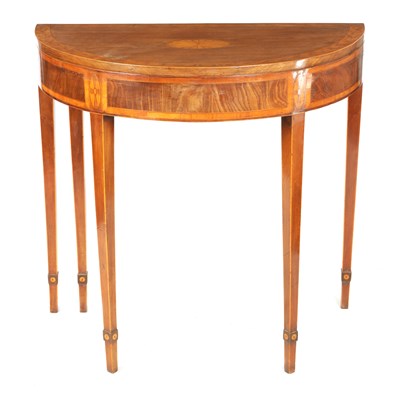 Lot 743 - A GEORGE III INLAID MAHOGANY DEMI LUNE CARD TABLE