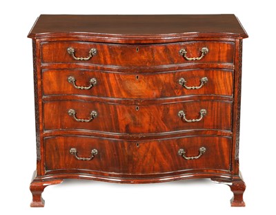 Lot 729 - A GOOD 19TH CENTURY FIGURED MAHOGANY CHIPPENDALE REVIVAL
SERPENTINE CHEST OF SMALL SIZE
