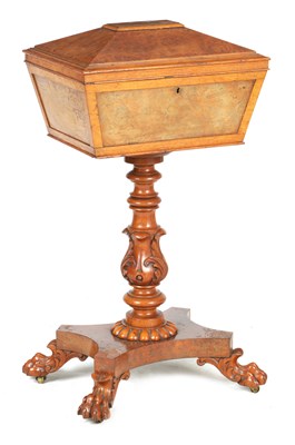Lot 868 - A 19TH CENTURY BURR OAK TEAPOY IN THE MANNER OF GILLOWS