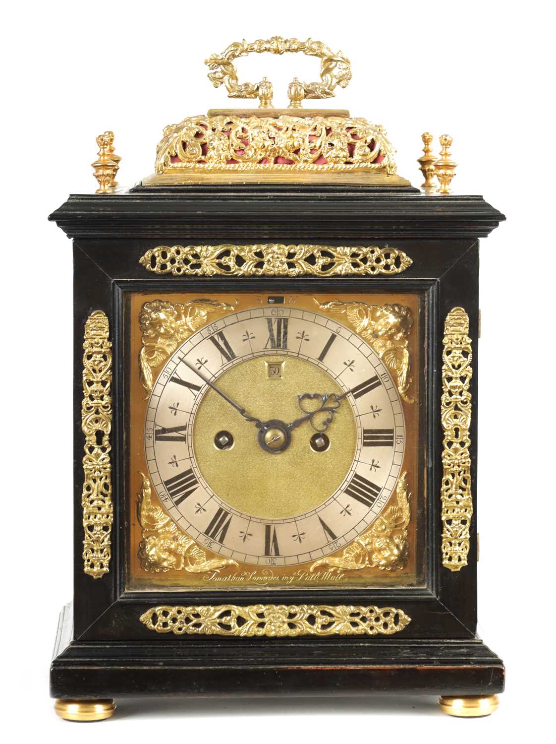 Lot 60 - JONATHAN LOWNDES IN YE PALL MALL, (LONDON).  A WILLIAM AND MARY EBONY VENEERED GILT BRASS MOUNTED BASKET TOP BRACKET CLOCK CIRCA 1685