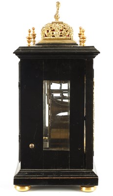 Lot 60 - JONATHAN LOWNDES IN YE PALL MALL, (LONDON).  A WILLIAM AND MARY EBONY VENEERED GILT BRASS MOUNTED BASKET TOP BRACKET CLOCK CIRCA 1685