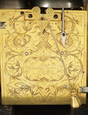 Lot 60 - JONATHAN LOWNDES IN YE PALL MALL, (LONDON).  A WILLIAM AND MARY EBONY VENEERED GILT BRASS MOUNTED BASKET TOP BRACKET CLOCK CIRCA 1685