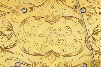 Lot 60 - JONATHAN LOWNDES IN YE PALL MALL, (LONDON).  A WILLIAM AND MARY EBONY VENEERED GILT BRASS MOUNTED BASKET TOP BRACKET CLOCK CIRCA 1685
