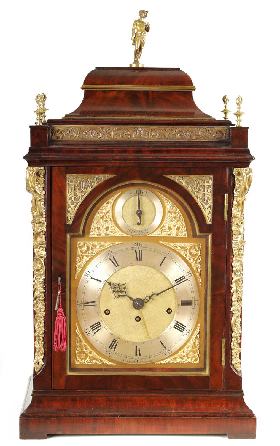 Lot 88 - EARDLEY NORTON, LONDON.  AN IMPOSING GEORGE III MAHOGANY AND BRASS MOUNTED THREE TRAIN BRACKET CLOCK OF UNUSUALLY  LARGE SIZE        LARGE