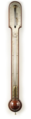 Lot 87 - THOMAS BLUNT 22 CORNHILL, LONDON.  A LATE GEORGIAN MAHOGANY STICK BAROMETER/THERMOMETER