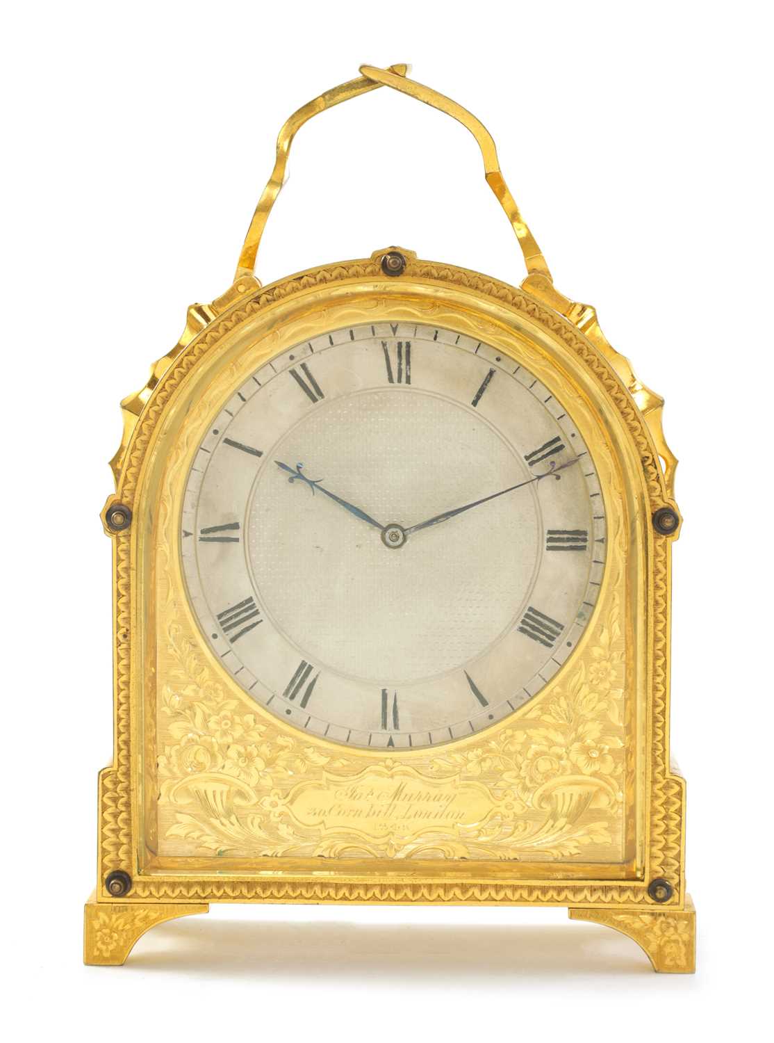 Lot 38 - JAMES MURRAY, 30 CORNHILL, LONDON.  A FINE MID 19TH CENTURY ENGLISH 'HUMPBACK' GILT BRASS FUSEE CARRIAGE CLOCK