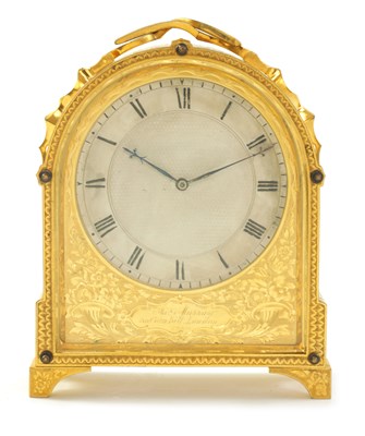 Lot 38 - JAMES MURRAY, 30 CORNHILL, LONDON.  A FINE MID 19TH CENTURY ENGLISH 'HUMPBACK' GILT BRASS FUSEE CARRIAGE CLOCK