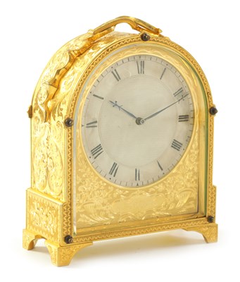 Lot 38 - JAMES MURRAY, 30 CORNHILL, LONDON.  A FINE MID 19TH CENTURY ENGLISH 'HUMPBACK' GILT BRASS FUSEE CARRIAGE CLOCK