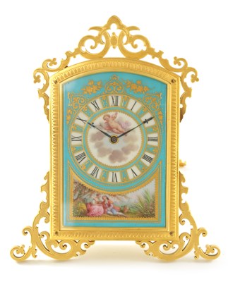 Lot 7 - A FINE MID 19TH CENTURY ENGRAVED GILT BRASS SERVES PORCELAIN DIAL STRUT CLOCK  ATTRIBUTED TO THOMAS COLE