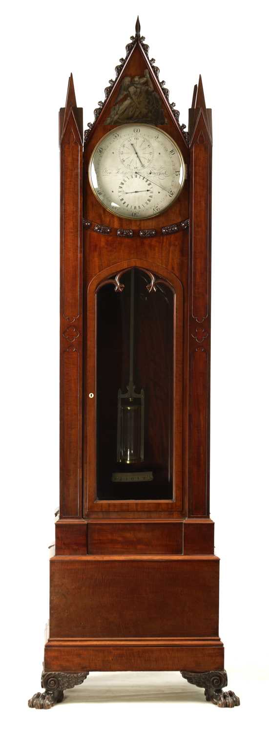 Lot 65 - ATT. JAMES CONDLIFF  A SUPERB FIDDLE BACK AND FIGURED MAHOGANY GOTHIC REGULATOR LONGCASE CLOCK IN THE MANNER OF THOMAS HOPE