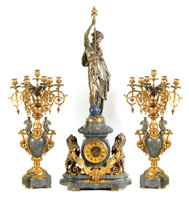 Lot 97 - EUGENE FARCOT, PARIS.  A LARGE LATE 19TH CENTURY  EXHIBITION QUALITY CONICAL MYSTERY CLOCK GARNITURE