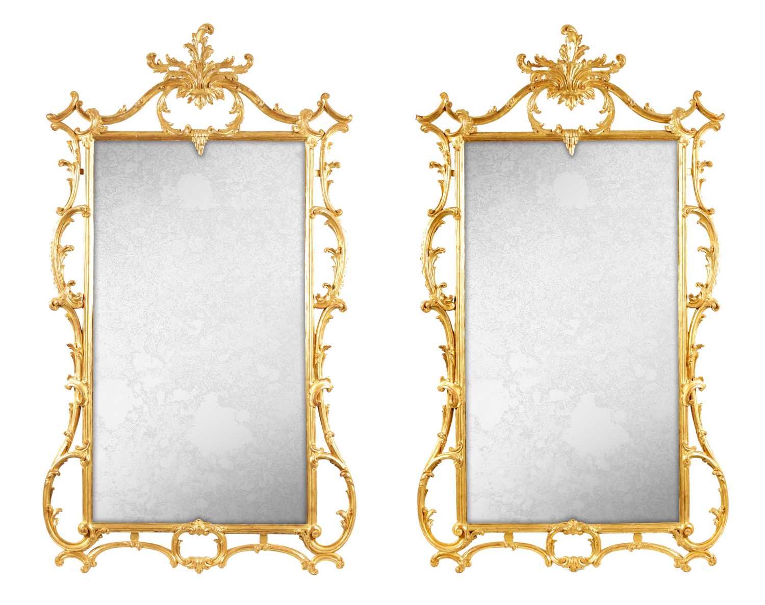 Lot 780 - A GOOD PAIR OF GEORGE III CHIPPENDALE DESIGN CARVED GILT GESSO  HANGING MIRRORS