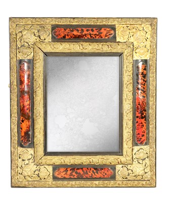 Lot 732 - A 19TH CENTURY FLEMISH BRASS MOUNTED AND TORTOISESHELL PANELLED  EBONISED HANGING MIRROR