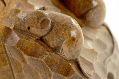 Lot 657 - AN UNUSUAL PAIR OF ROBERT ‘MOUSEMAN’ THOMPSON TRIPLE MICE ADZED OAK BOOK ENDS