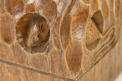 Lot 657 - AN UNUSUAL PAIR OF ROBERT ‘MOUSEMAN’ THOMPSON TRIPLE MICE ADZED OAK BOOK ENDS