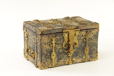 Lot 654 - A SMALL LATE 17TH/EARLY 18TH CENTURY CONTINENTAL SHAGREEN COVERED COFFRE FORTE