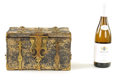 Lot 654 - A SMALL LATE 17TH/EARLY 18TH CENTURY CONTINENTAL SHAGREEN COVERED COFFRE FORTE