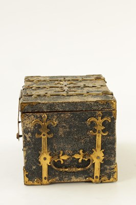 Lot 654 - A SMALL LATE 17TH/EARLY 18TH CENTURY CONTINENTAL SHAGREEN COVERED COFFRE FORTE