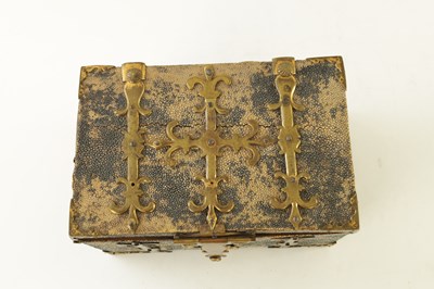 Lot 654 - A SMALL LATE 17TH/EARLY 18TH CENTURY CONTINENTAL SHAGREEN COVERED COFFRE FORTE
