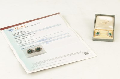 Lot 181 - A FINE AND LARGE PAIR OF 18CT WHITE GOLD DIAMOND AND EMERALD EARRINGS