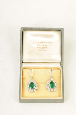 Lot 181 - A FINE AND LARGE PAIR OF 18CT WHITE GOLD DIAMOND AND EMERALD EARRINGS