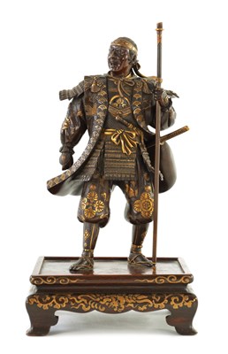 Lot 145 - A FINE QUALITY JAPANESE MEIJI PERIOD PATINATED BRONZE AND GILT SCULPTURE OF A SAMURAI WARRIOR BY MIYAO