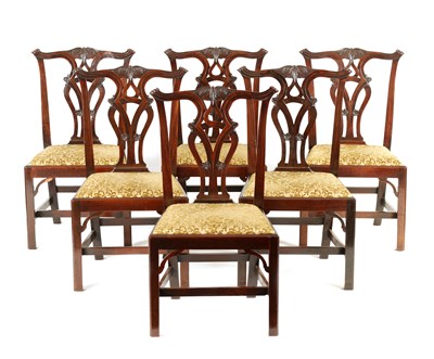 Lot 767 - A SET OF SIX EARLY GEORGE III CHIPPENDALE DESIGN MAHOGANY DINING CHAIRS - possibly IRISH