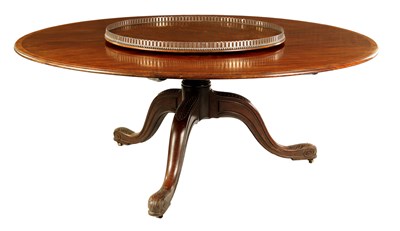 Lot 772 - A RARE LATE GEORGE III REGENCY FIGURED MAHOGANY CIRCULAR DINING TABLE OF LARGE SIZE FITTED WITH A REVOLVING SILVER GALLERIED LAZY SUSAN CENTRE BY MATTHEW BOULTON