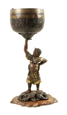 Lot 153 - A LARGE 19TH CENTURY JAPANESE MEIJI PERIOD MIXED METAL PATINATED BRONZE MODEL OF AN ONI HOLDING A GONG