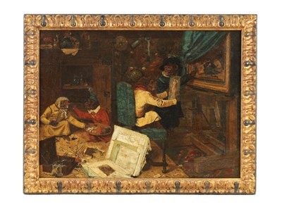Lot 445 - A 17TH CENTURY DUTCH OIL ON CANVAS DEPICTING MONKEYS POSING AS ARTISTS