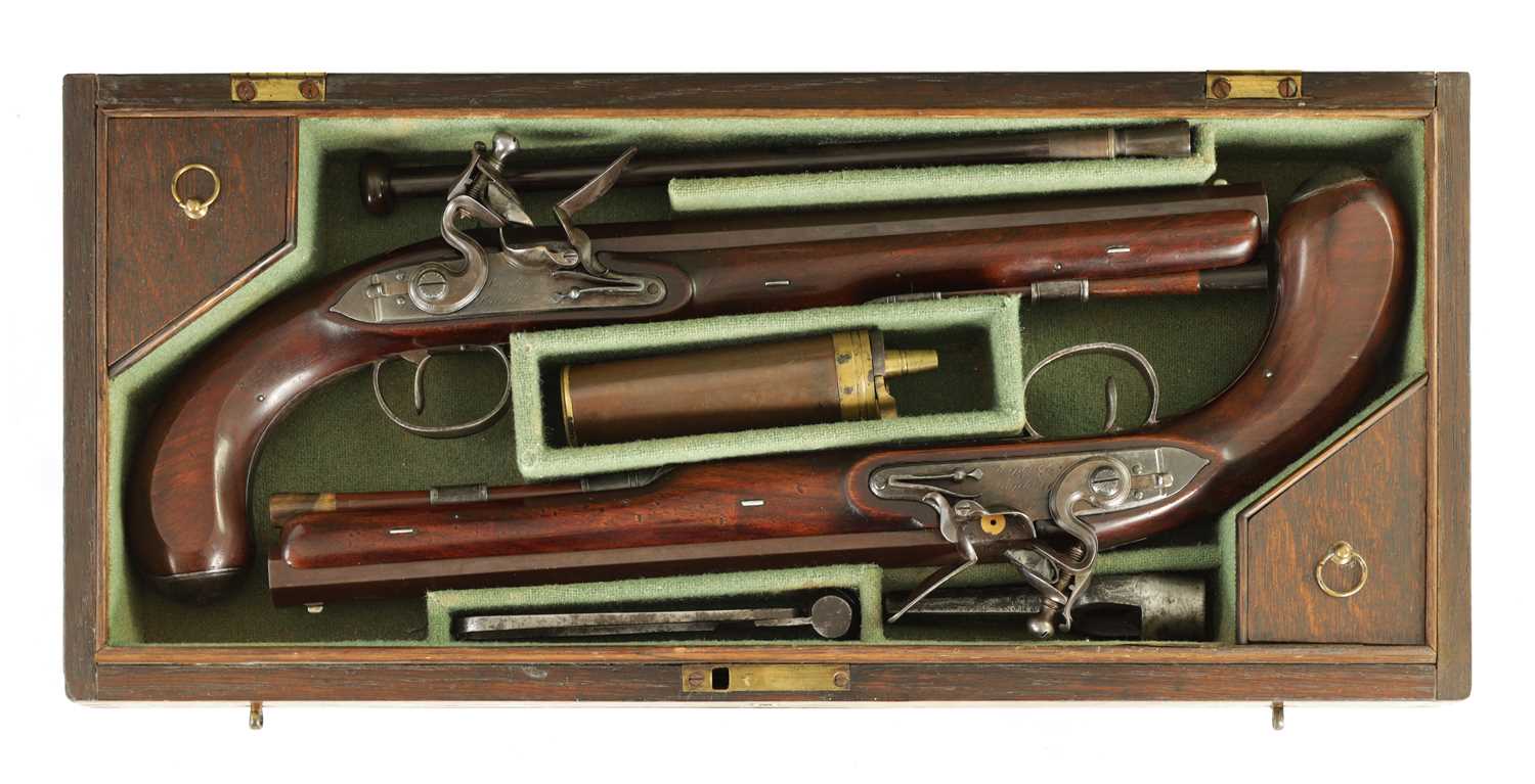 Lot 286 - WOGDON & BARTON, LONDON. A FINE CASED PAIR OF EARLY 19TH CENTURY FLINTLOCK DUELLING PISTOLS