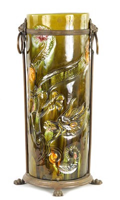 Lot 13 - A LATE 19TH CENTURY BRETBY CERAMIC AND BRASS MOUNTED UMBRELLA/STICK STAND