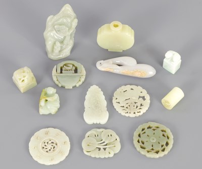 Lot 235 - A SELECTION OF 13 GREEN JADE CARVINGS