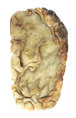 Lot 91 - A WELL PATINATED CHINESE RUSET GREEN JADE PANEL
