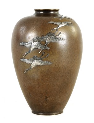 Lot 148 - A JAPANESE MIEJI PERIOD BRONZE AND MIXED METAL VASE BY NOGAWA